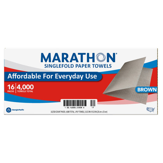 Marathon Paper Towel, Brown, Singlefold, 1-Ply, 250-count, 16-pack