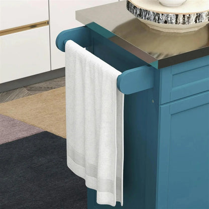 Finihen 35" Kitchen Island Cart on Wheels with Stainless Steel Top, Rolling Dining Room Serving Utility Carts Mobile Movable with Towel Rack, Blue