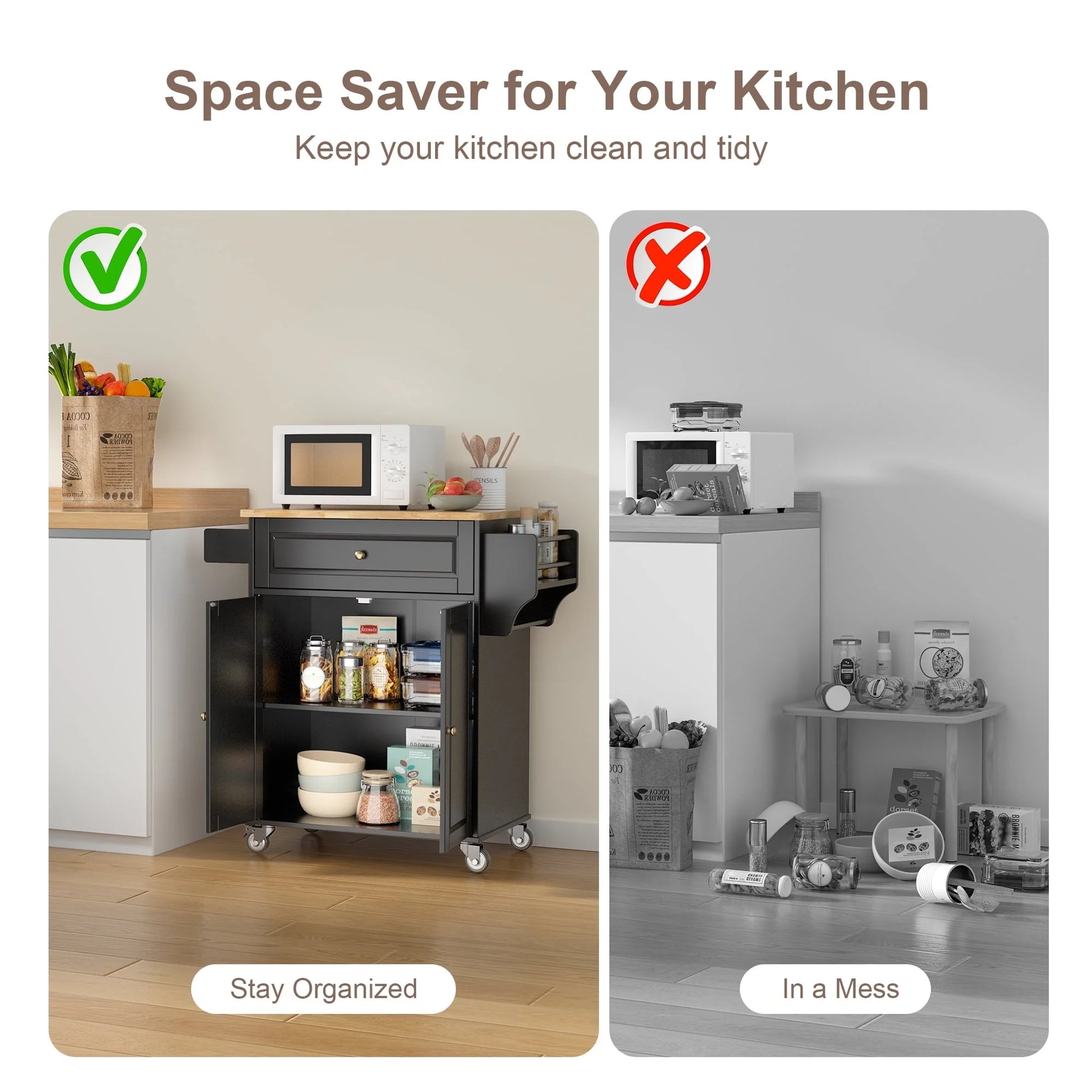 Kitchen Island with Storage on Wheels, Microwave cart with Spice Rack, Towel Rack & Drawer, Black