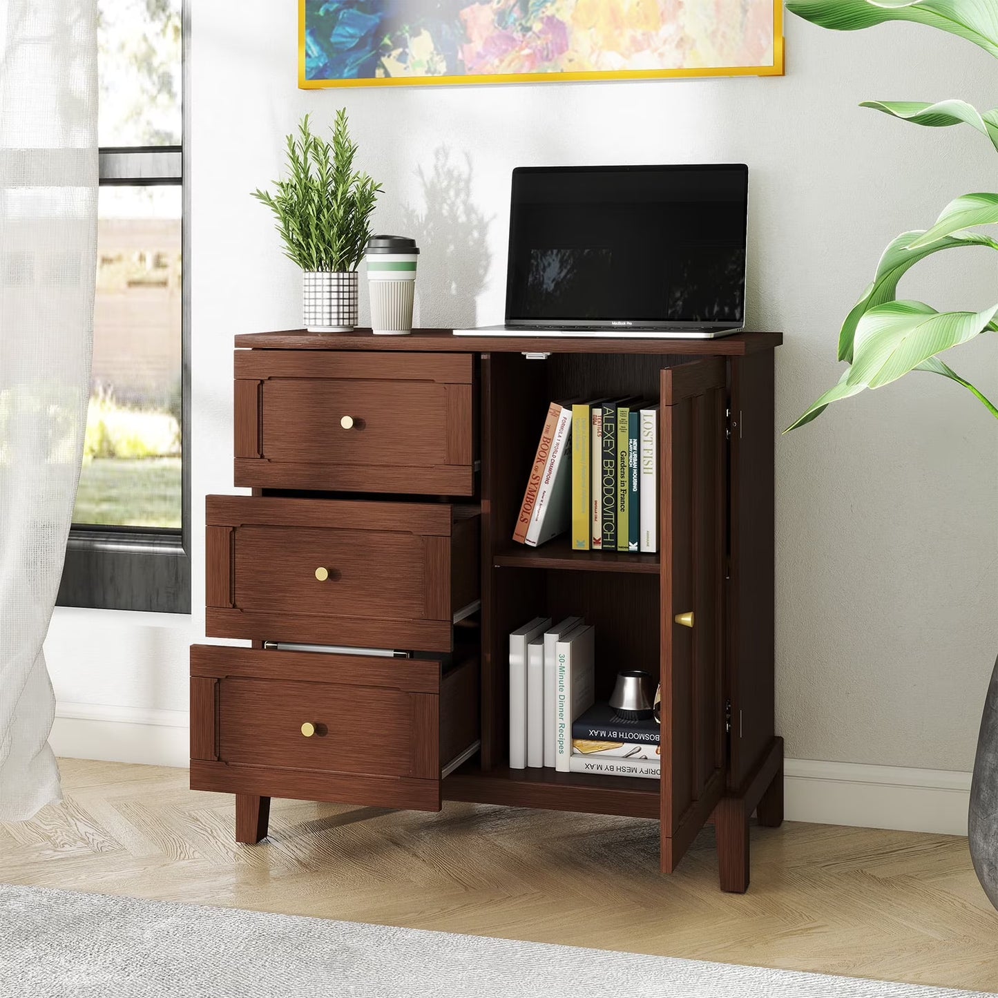 CBJCBJ 31.7"Storage Cabinet, Classical 3 Drawers & 1 Door Design with Gold-Tone Handles, Multi-Use Organizer for Living Room, Kitchen, BathroomBLUE)