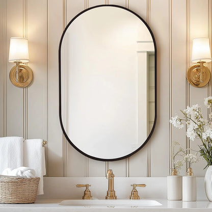 SogesHome Medicine Cabinet with Mirror, 21x34 Oval Mirror Cabinet, Wall Mount Recess Bathroom Vanity Mirror with Storage with 2 Adjustable Shelves, Perfect for Bathroom, Black