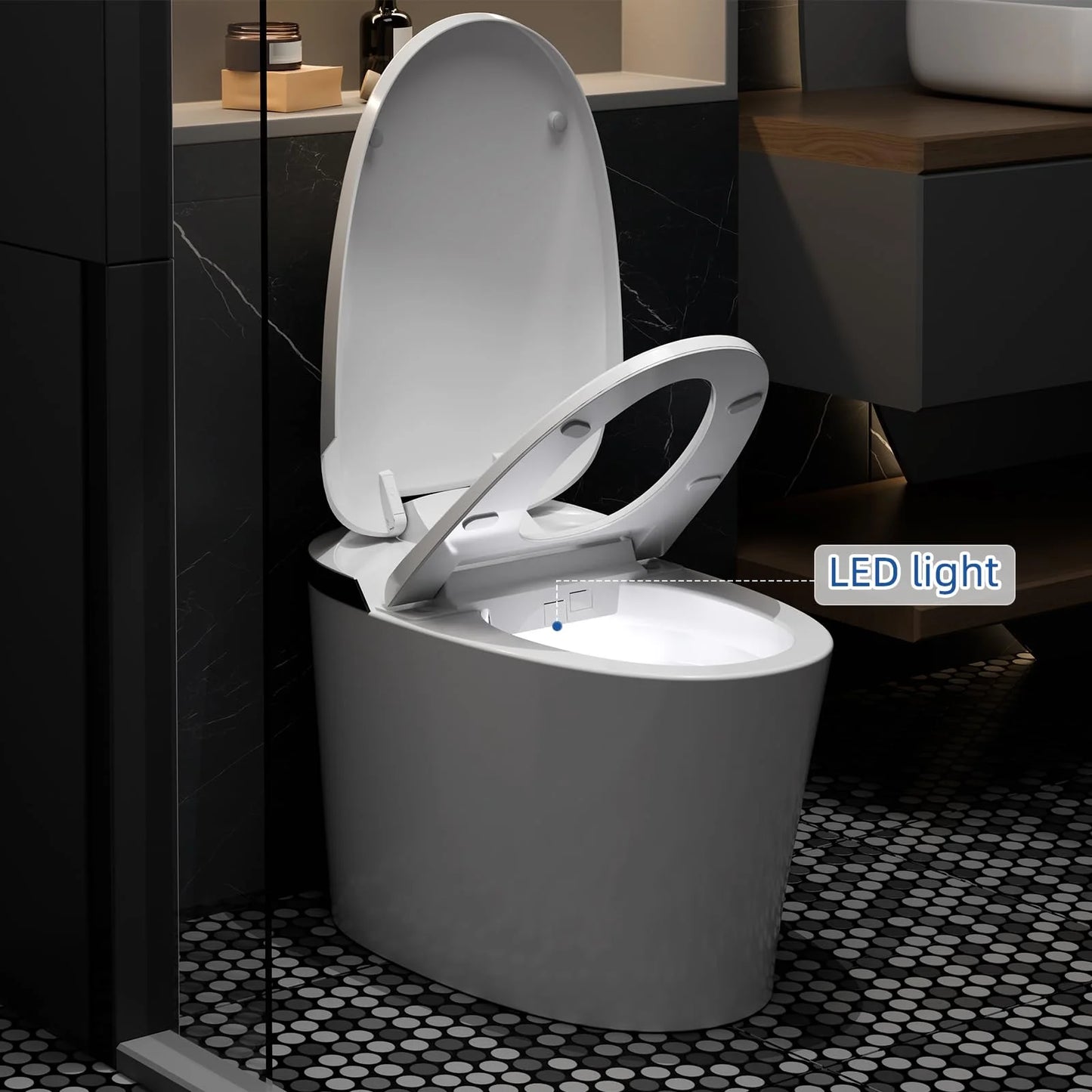 TROPOW Smart Toilet, Auto Flush Smart Toilet, Modern Toilet for Bathroom, Elongated Smart Tankless Toilet with Heated Seat, Foot Sensor Operation, Automatic Flush, LED lights, White