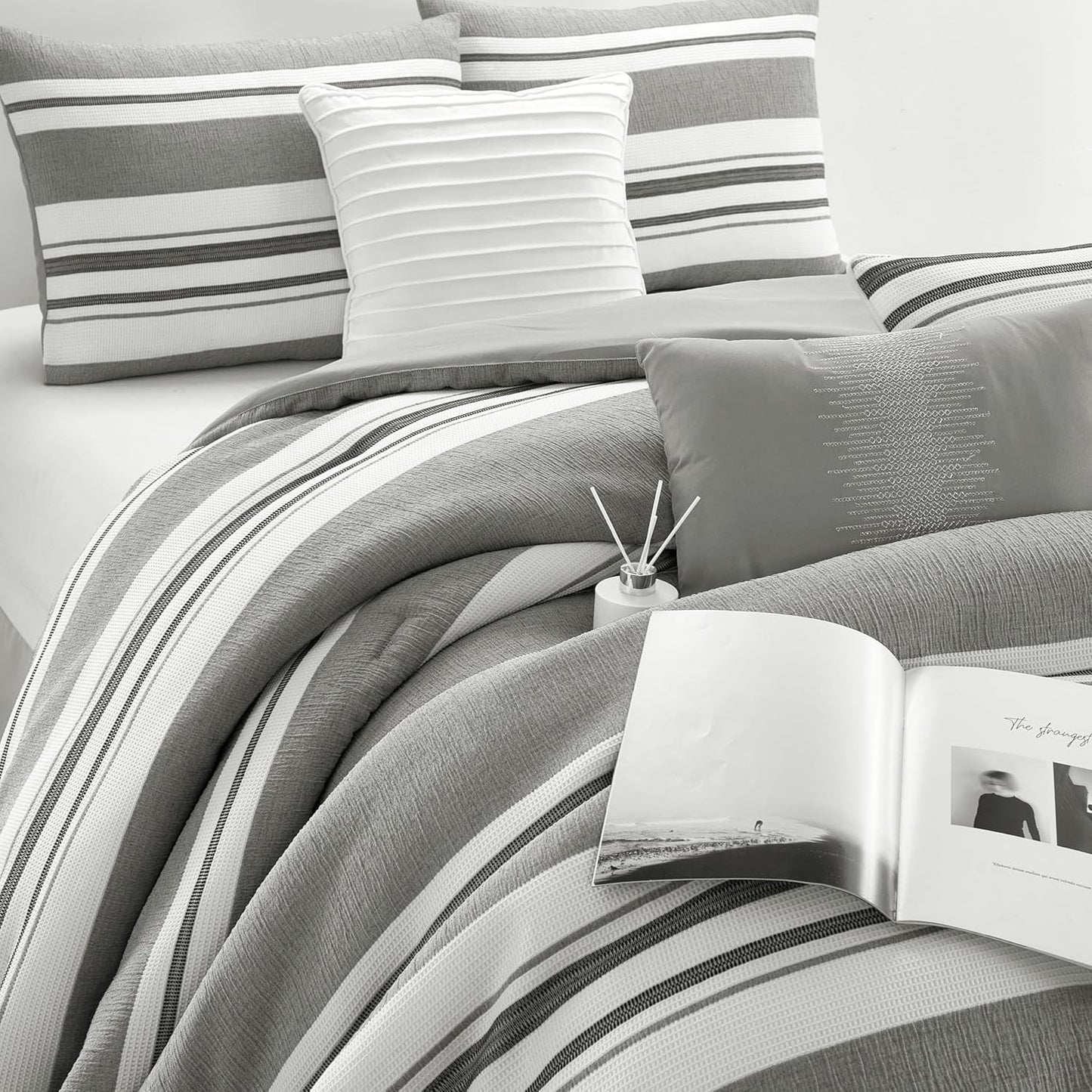 Grand Avenue White Grey Comforter Set California King Size, 7 Piece Geometric Jacquard Bedding Set, Matching Bedskirt, Pillows & Shams, Curtains