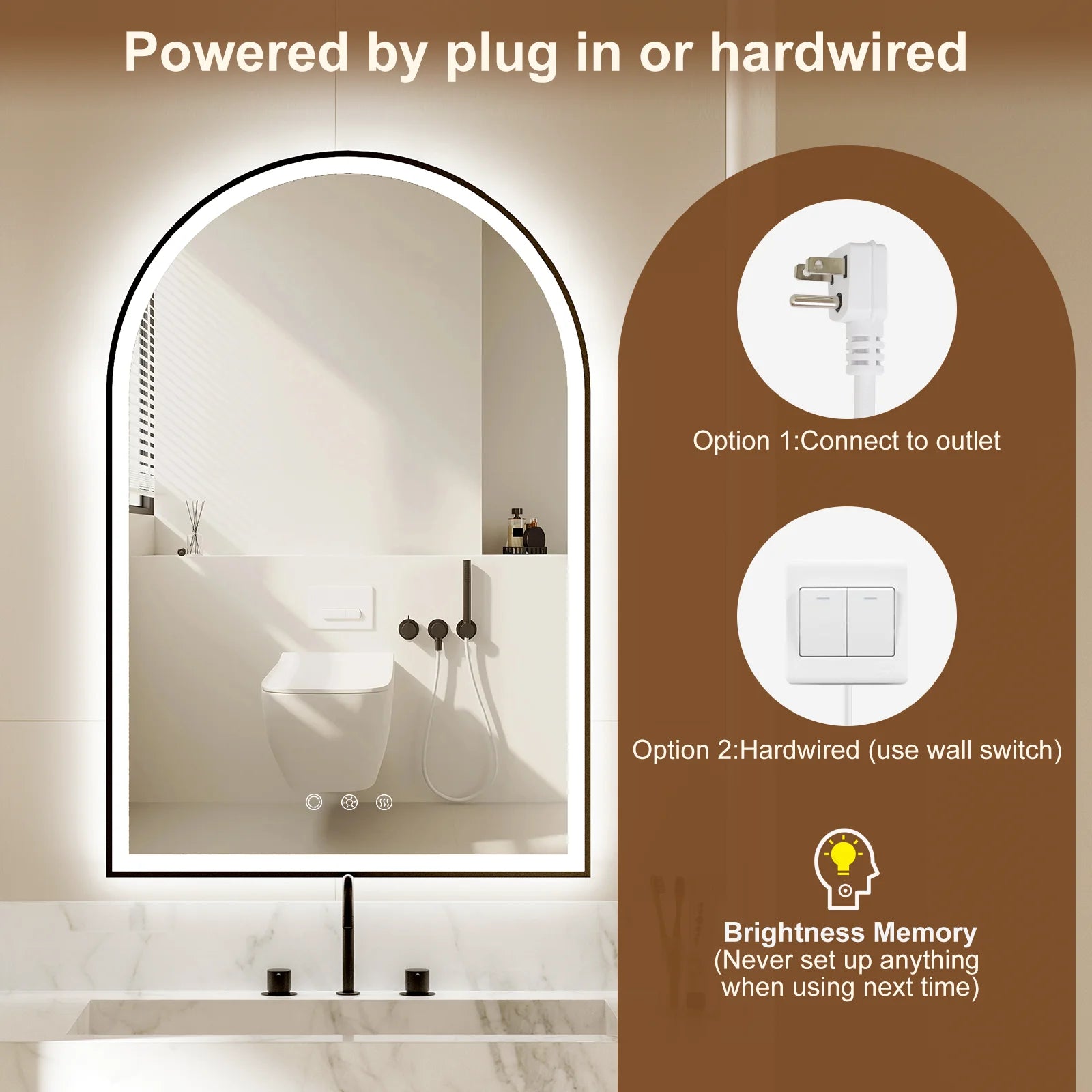 Funtouch Arched LED Bathroom Mirror 20"x30" with Front and Backlight, LED Bathroom Mirror with LightsAnti-Fog3 Colors, Memory,Shatterproof,UL Listed