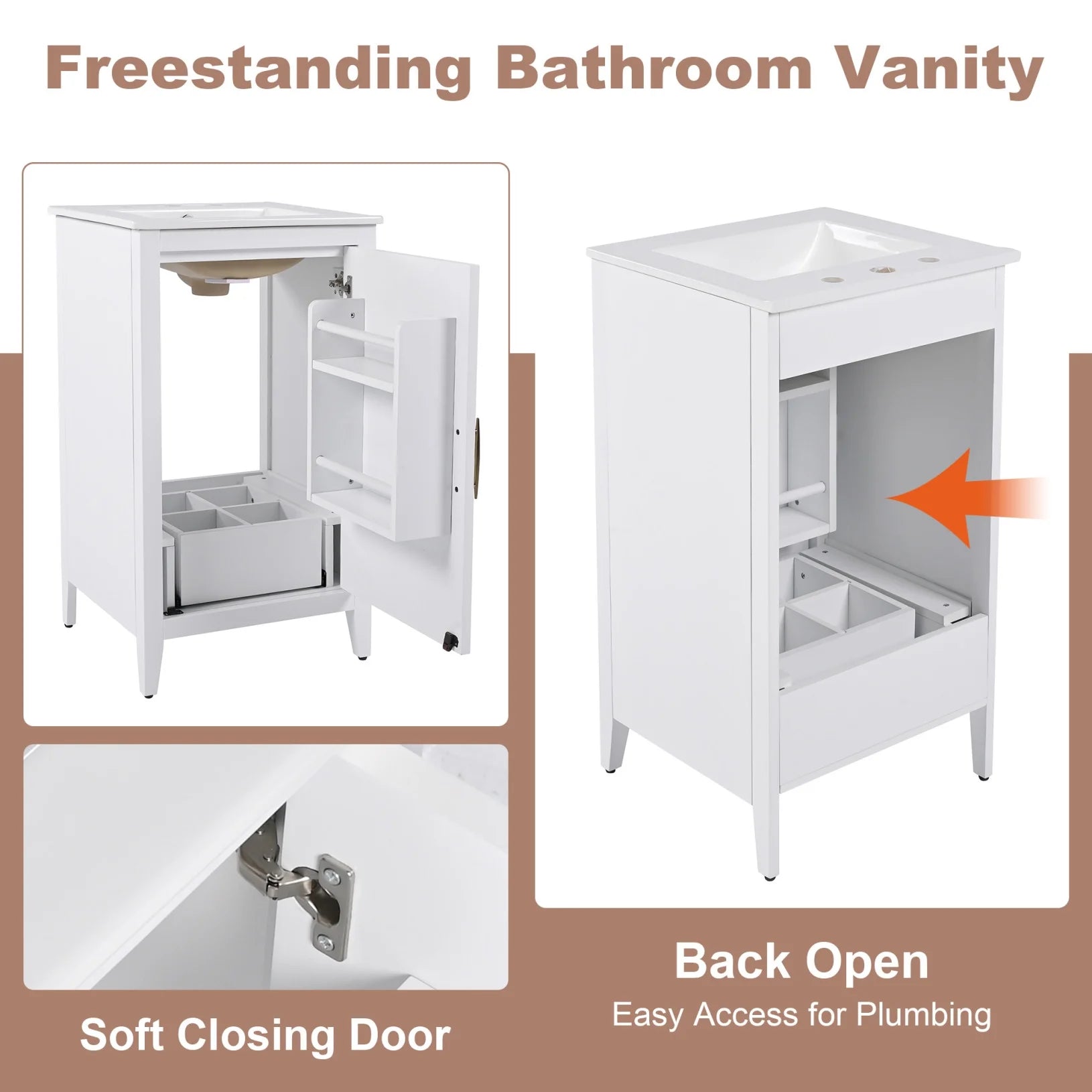 20.3 Inch Bathroom Vanity with Ceramic Sink, Solid Wood Small Single Vanity with Drawer and Soft Close Doors, White Modern Bathroom Cabinet with Storage