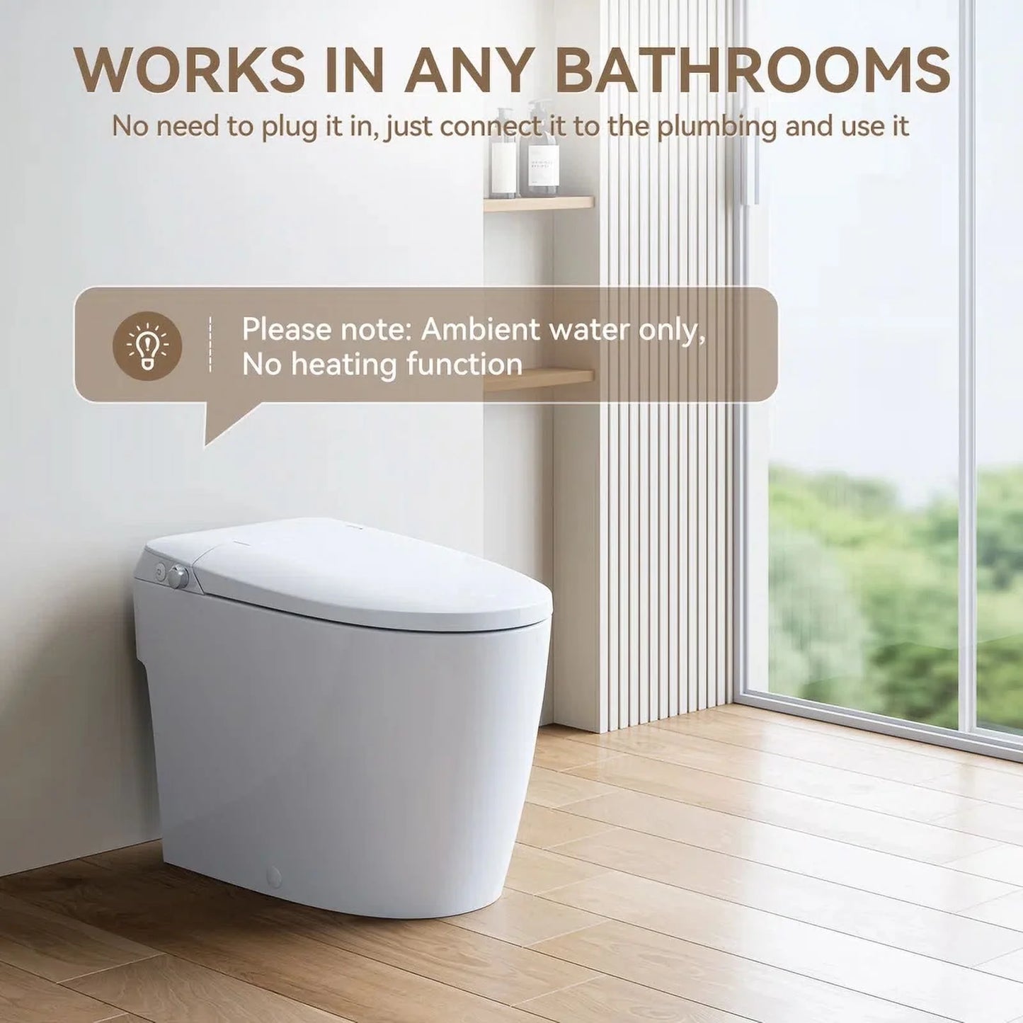 HOROW Non-electric Smart Bidet Toilet with Dual Nozzles Cleanse Built-in Pump for Power Flush Map 1000g ADA Chair Height