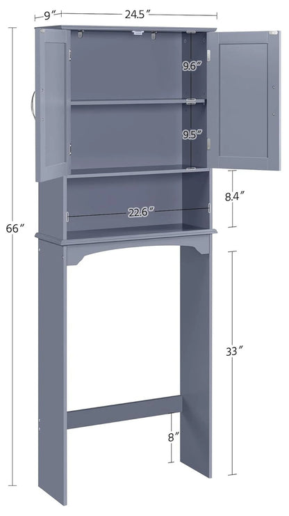 Over The Toilet Storage, Bathroom Storage Organizer with 2 Doors and Adjustable Shelf, L24.5xW9xH66 Inches, Gray