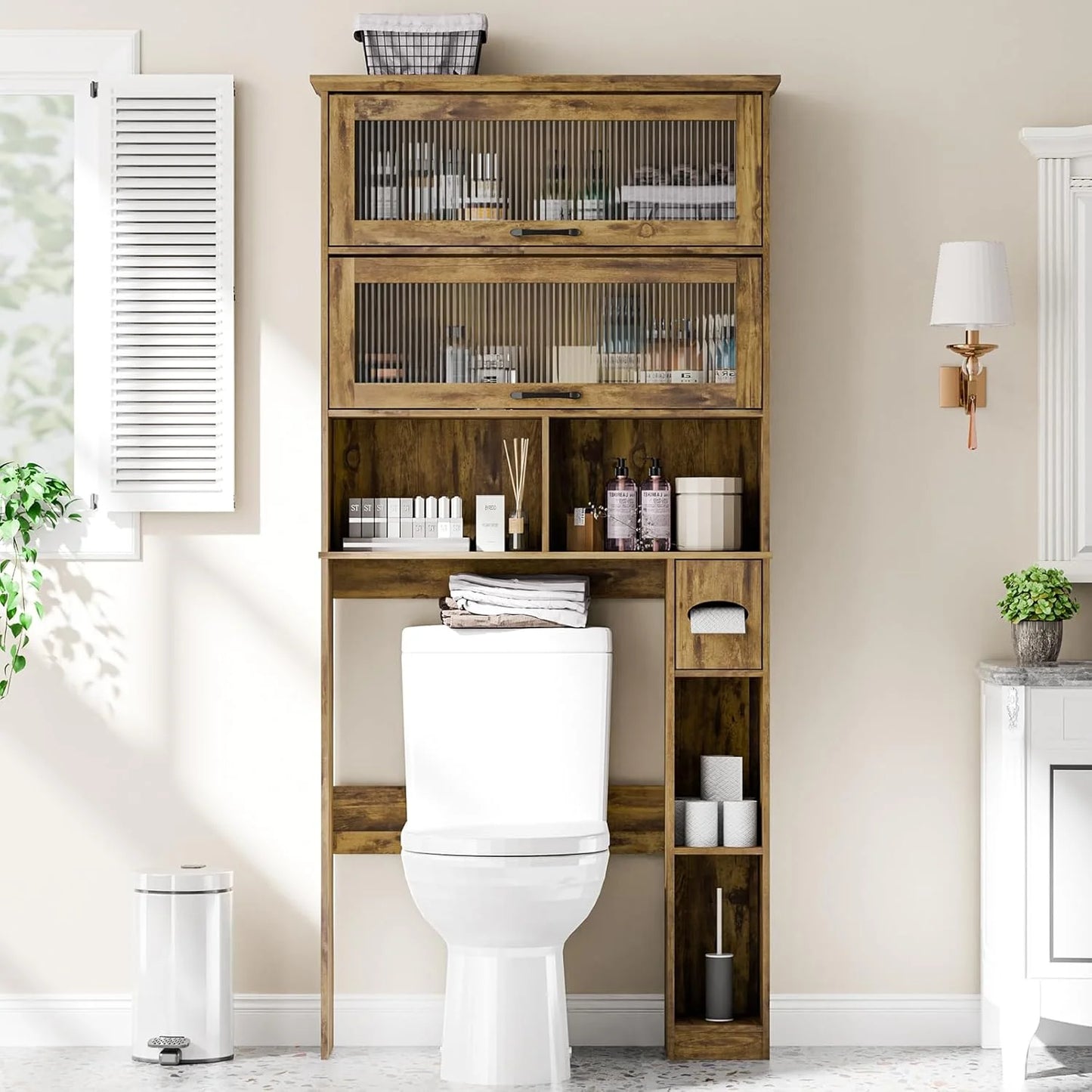 Over The Toilet Storage Cabinet with Transparent Door, Toilet Paper Storage Cabinet with Multi Layer Shelves Suitable for Bathroom, Laundry Room, Freestanding Bathroom Storage Rack,Brown