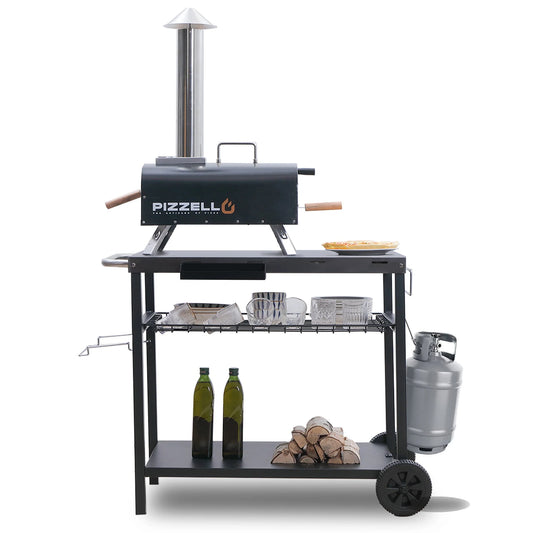 Grill Cart, Pizza Oven Stand, Outdoor bbq Prep Station with Storage, Wheel, Hook, Handle, Black Steel Tabletop, Garbage Bag Holder, Paper Towel Holder, Movable Spice Rack