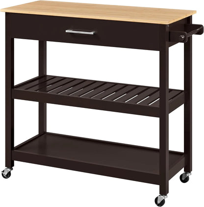 Hyxoo Kitchen Island Cart on Wheels with Bamboo Tabletop, 3-Tier Rolling Kitchen Island Microwave Cart with Drawer, Detachable Towel, 3 Hooks40"W x 20"D x 36.5"HEspresso