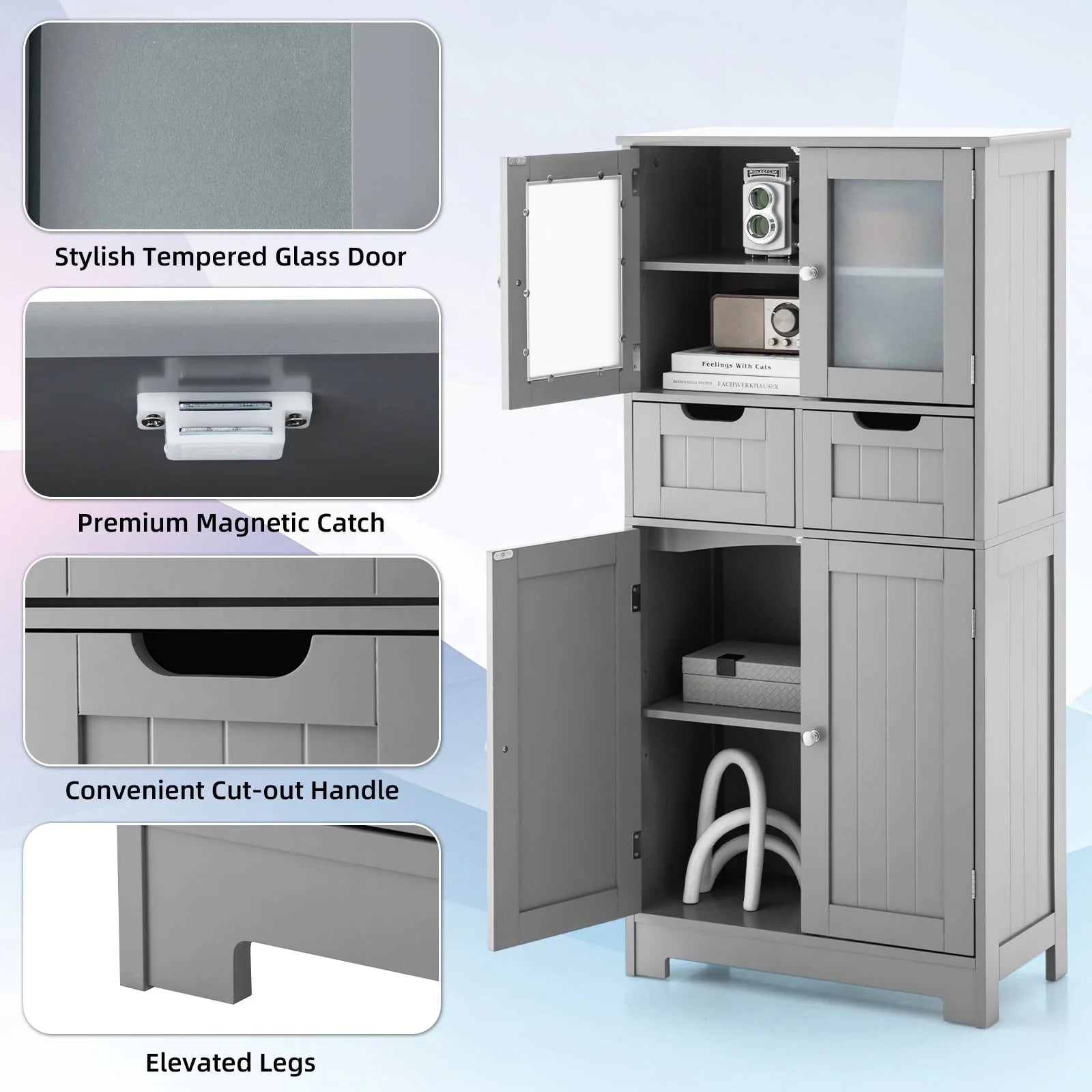 Topbuy Tall Bathroom Storage Cabinet Freestanding Floor Cabinet w/2 Double Door Cabinet& 2 Drawers 3-position Adjustable Shelves