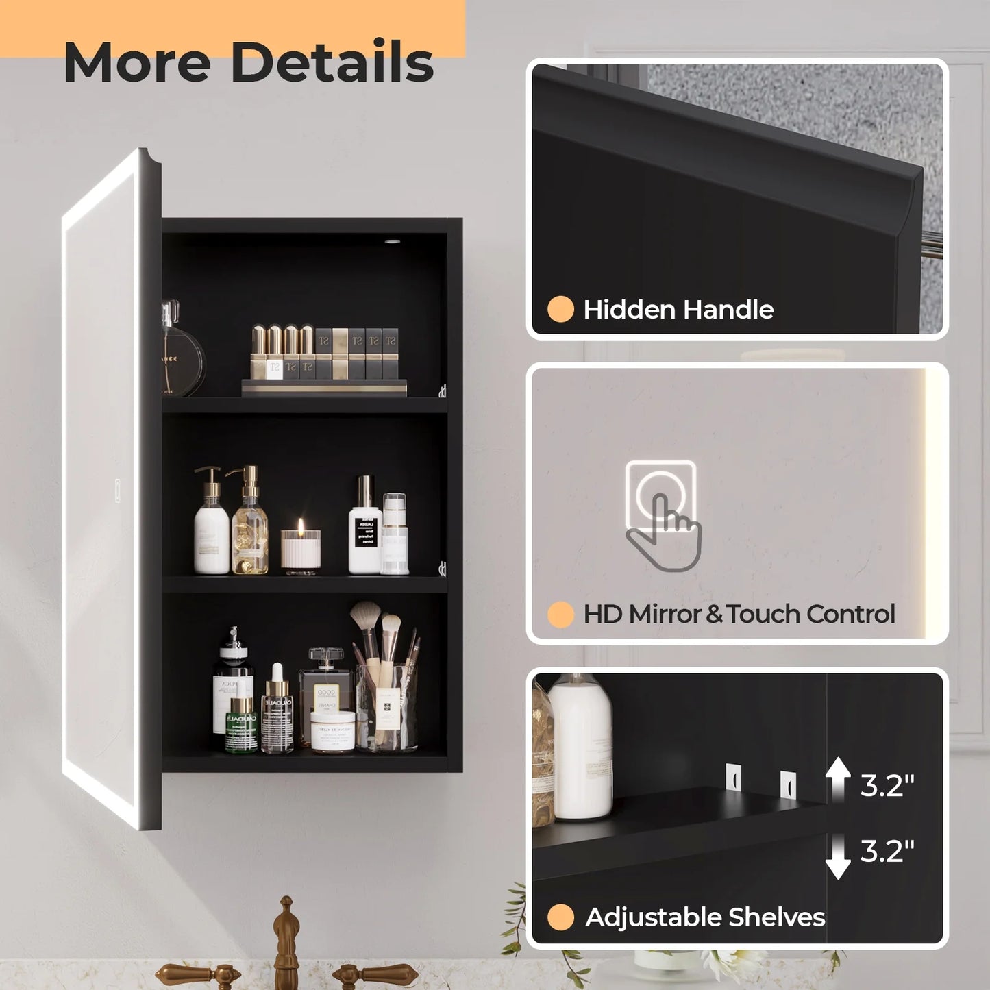 Ktaxon 20"x28", LED Bathroom Medicine Cabinet with Mirror Lighted, Wall Mounted Storage Cabinet w/Dimmable, Memory function, Outlets & USB, Black