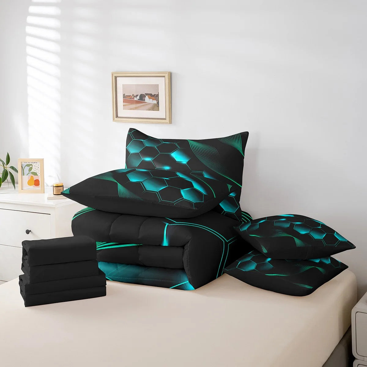Honeycomb 7 Piece Comforter Set Queen,Neon Lights Mint Green Black Bed in a Bag with Flat Sheet and Fitted Sheet ,Geometric Striped Hexagonal Bedding Set with Pillowcase & Sham