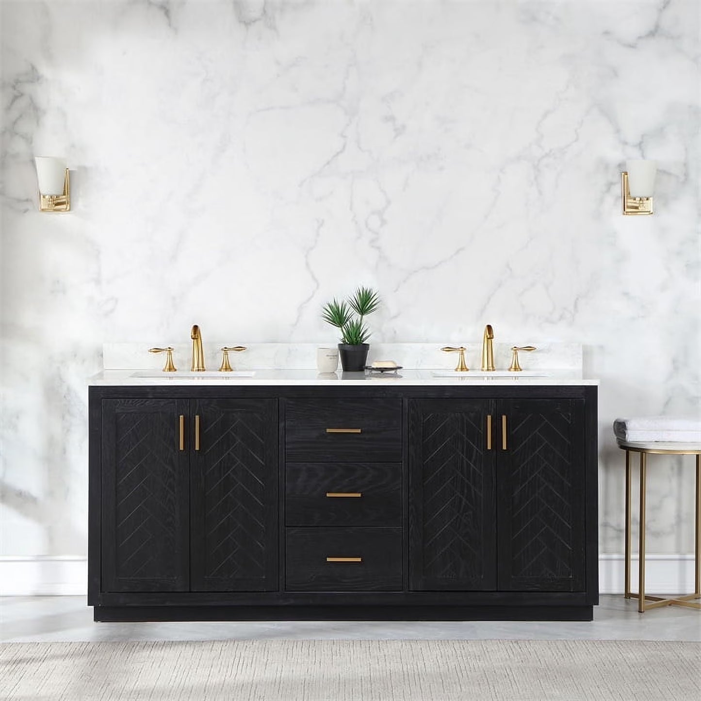 Gazsi 72" Double Bathroom Vanity Set in Black Oak with Grain White Composite Stone Countertop Without Mirror