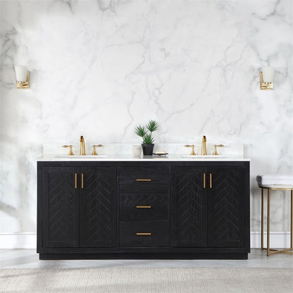 Gazsi 72" Double Bathroom Vanity Set in Black Oak with Grain White Composite Stone Countertop Without Mirror