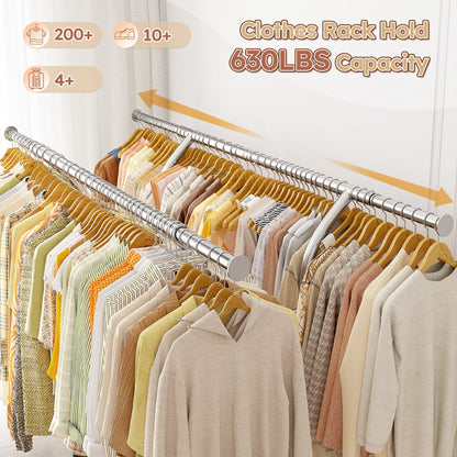 Clothes Rack with Wheels, Heavy-Duty Garment Rack for Hanging Clothes, Adjustable Freestanding Wardrobe Organizers and Storage with Double Sheves
