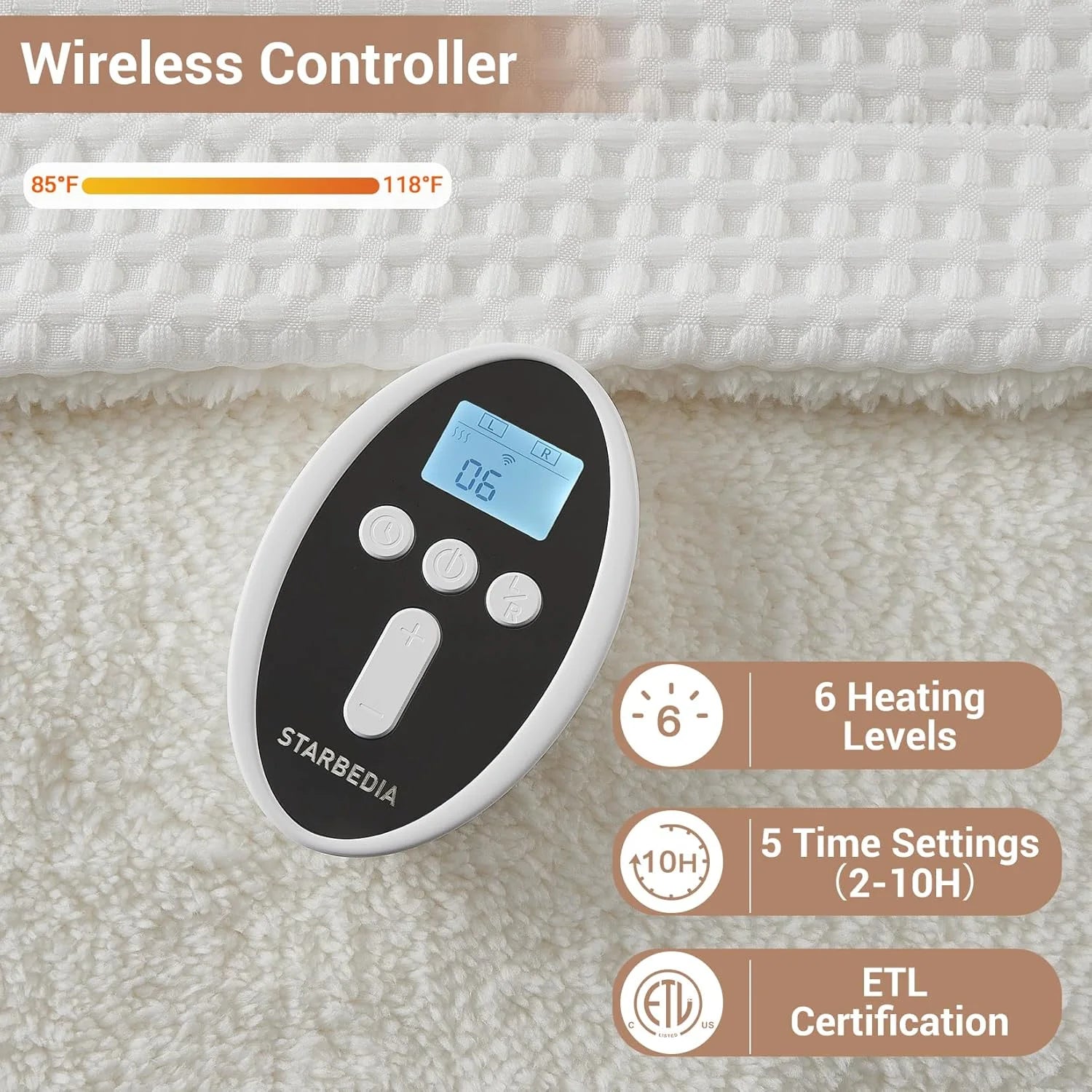 Heated Blanket Queen Size - Fast Heating Electric Blanket with Wireless LCD Controller, White, 84"x90"
