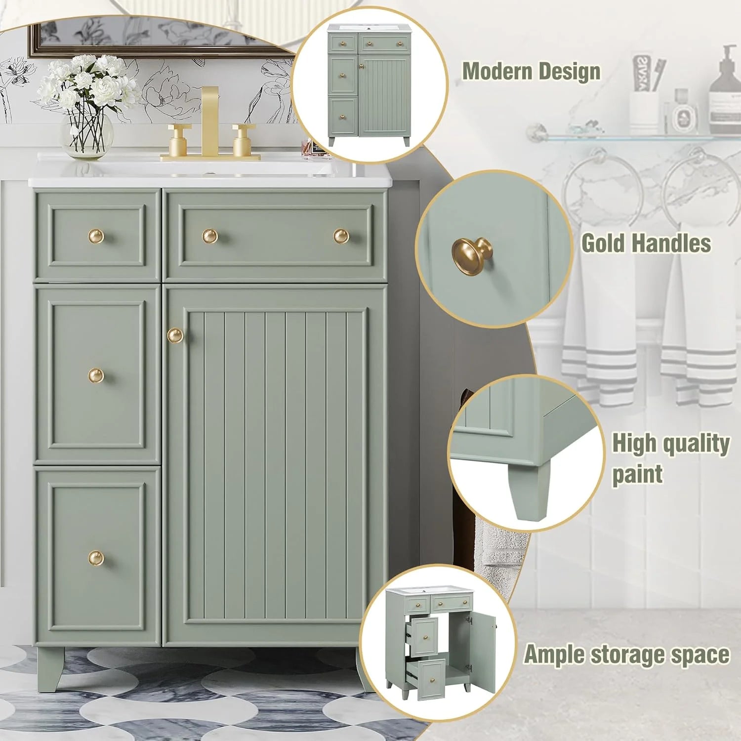 24-Inch Bathroom Vanity Cabinet with Ceramic Sink, 2 Drawers, 1 Door, Light Green