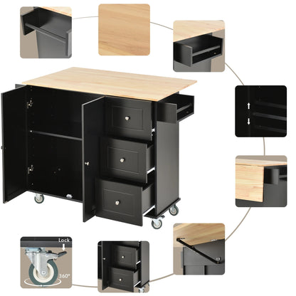 52.7" Width Rolling Mobile Kitchen Island with Solid Wood Top and Locking Wheels, Moveable Kitchen Island Cart with Storage Cabinet, Drop Leaf Breakfast Bar, Spice Rack, Towel Rack, Drawer