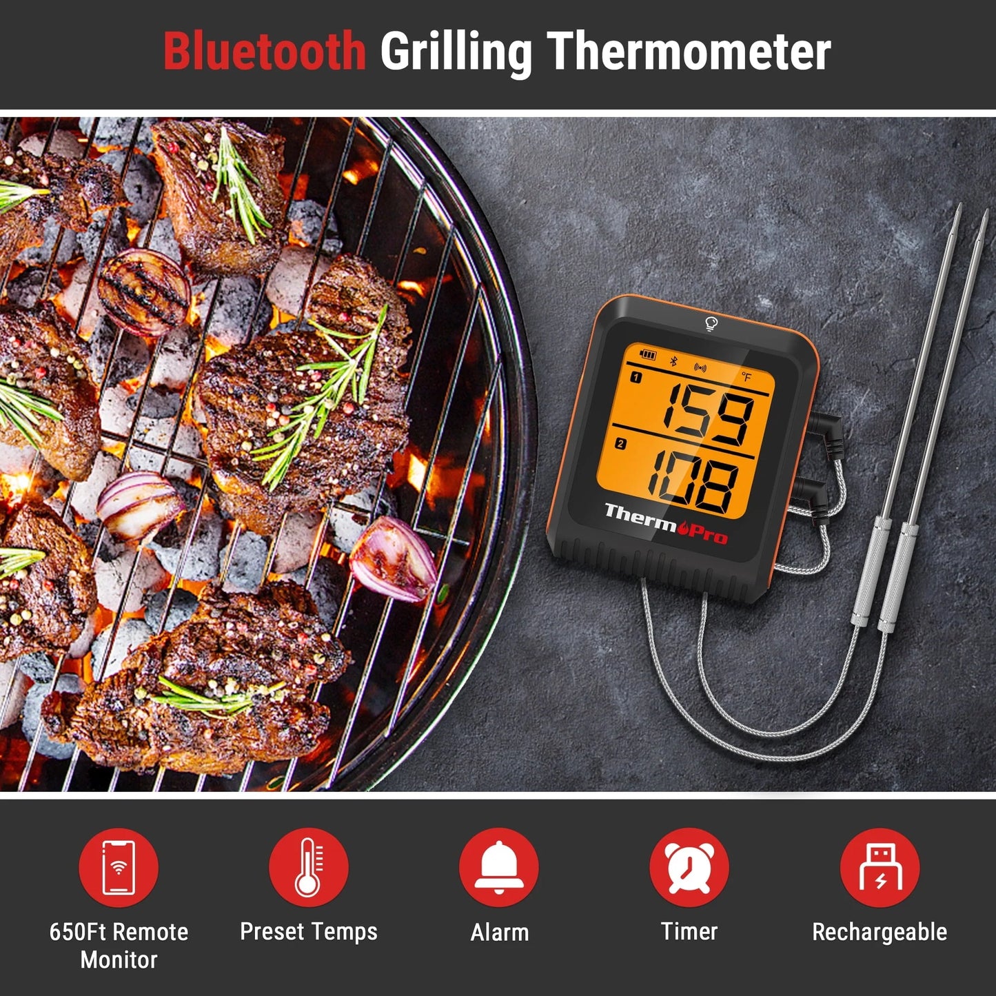 TThermoPro TP920w 500FT Wireless Bluetooth Meat Thermometer with Dual Temperature Probe Smart Digital Cooking BBQ Thermometer for Grilling Oven Food Smoker Thermometer, Rechargeable