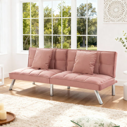 Gewnee Modern Velvet Futon Sofa Bed,67.7" Convertible Sleeper Sofa Bed with Throw Pillows Adjustable Backrest Angles,Loveseat for Small Place,Olive