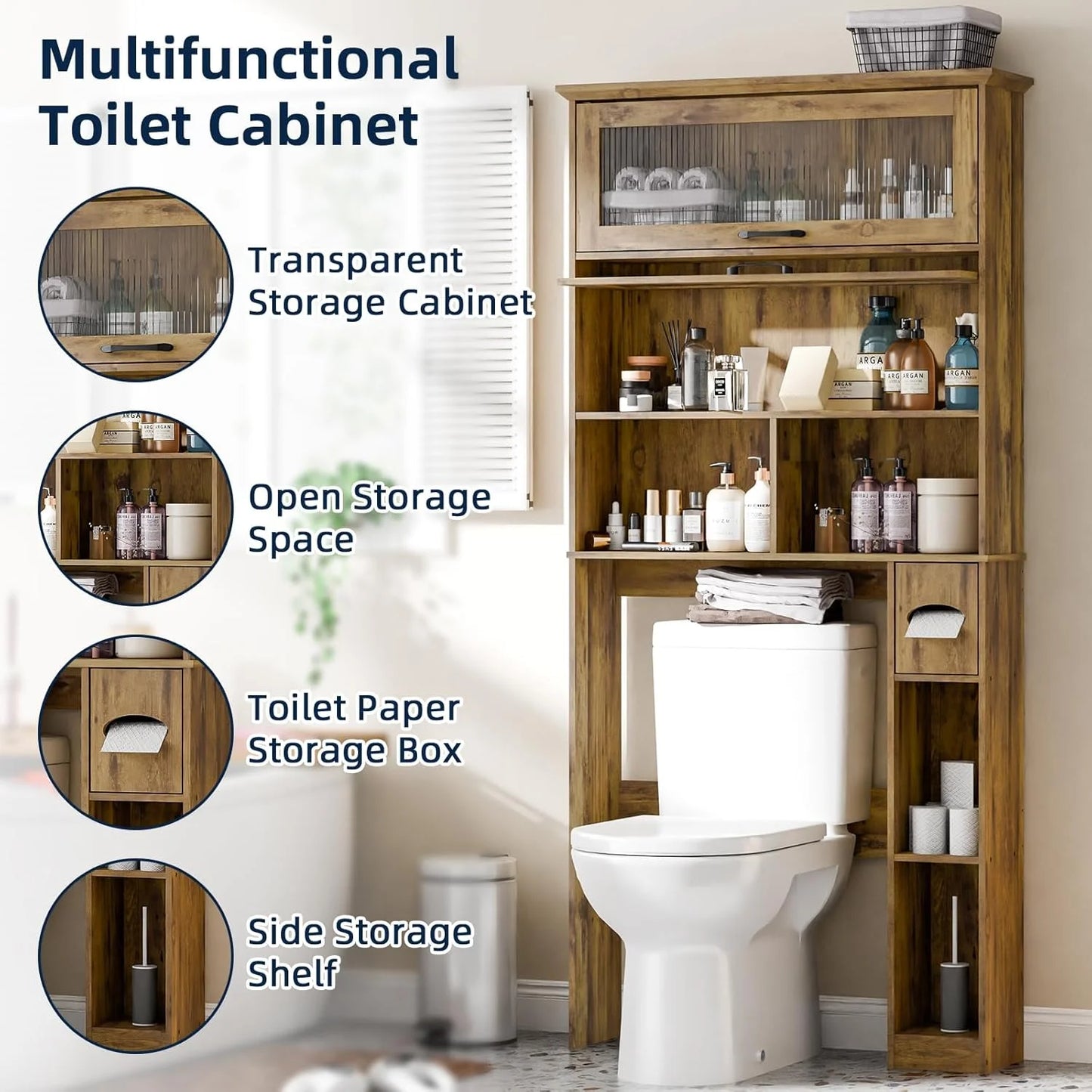 Over The Toilet Storage Cabinet with Transparent Door, Toilet Paper Storage Cabinet with Multi Layer Shelves Suitable for Bathroom, Laundry Room, Freestanding Bathroom Storage Rack,Brown