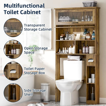 Over The Toilet Storage Cabinet with Transparent Door, Toilet Paper Storage Cabinet with Multi Layer Shelves Suitable for Bathroom, Laundry Room, Freestanding Bathroom Storage Rack,Brown