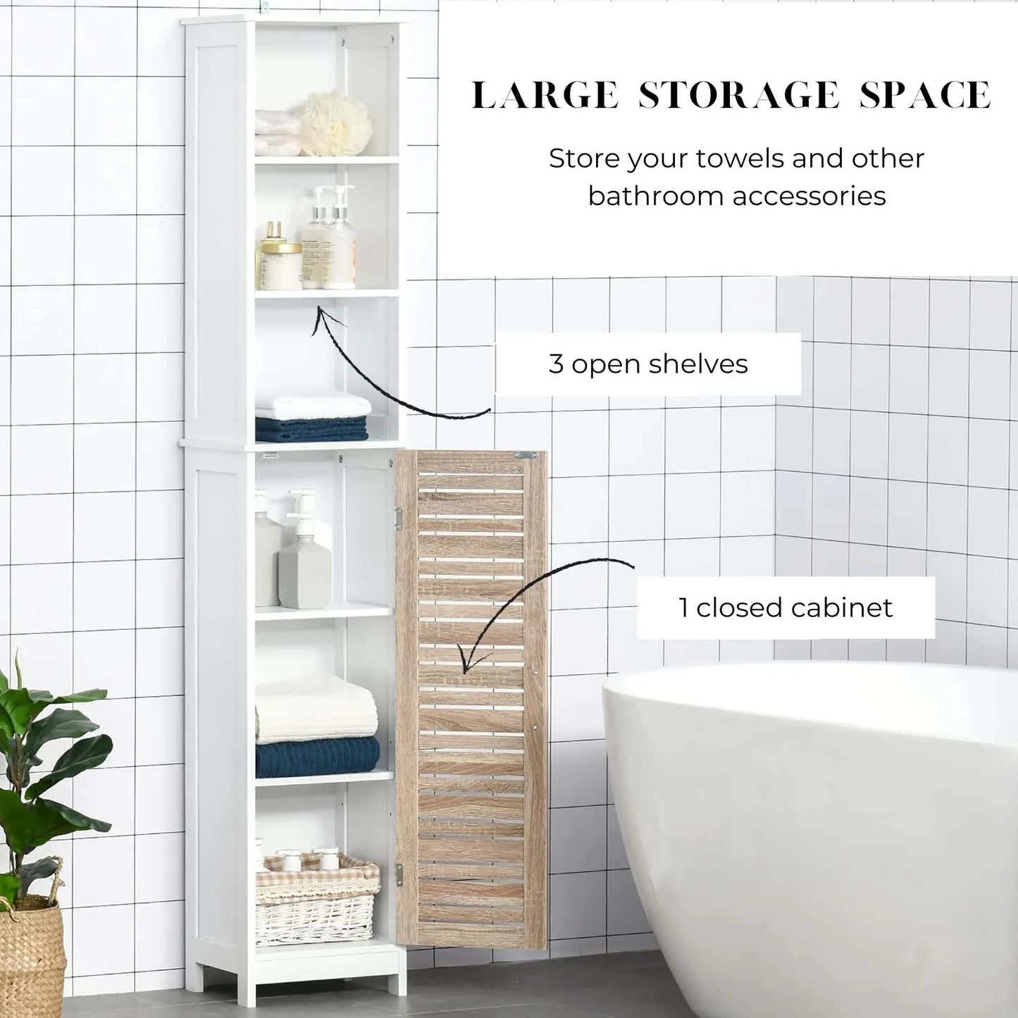 Tall Bathroom Storage Cabinet with Open Shelves and Vented Door, Slim Linen Cabinet for Compact Bathroom Organization, White and Oak Finish - Stockholm Collection