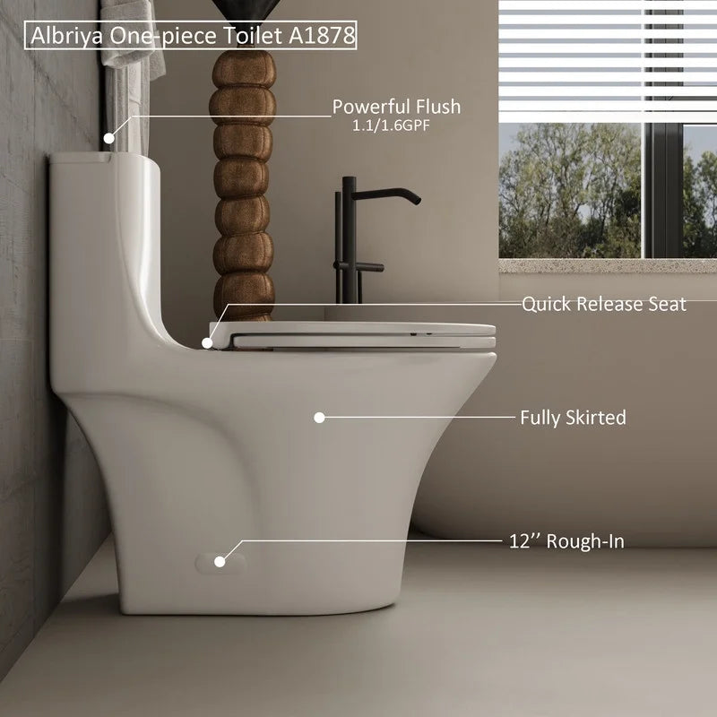 Albriya A1878 Modern One Piece Toilet, Standard Bathroom Toilet Power Dual Flush 1.1/1.6 GPF with Comfortable Seat ADA Height 16 1/2’ 12’Rough-In, MaP 1000g, Glossy White