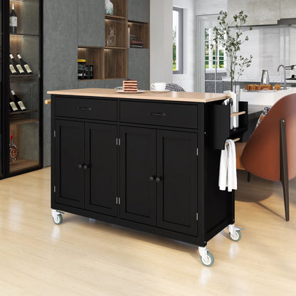 Harper & Bright Designs Rolling Kitchen Island Cart with Solid Wood Top and Locking Wheels, 4 Door, Storage Cabinet and Two DrawersSpice Towel Rack, Blue