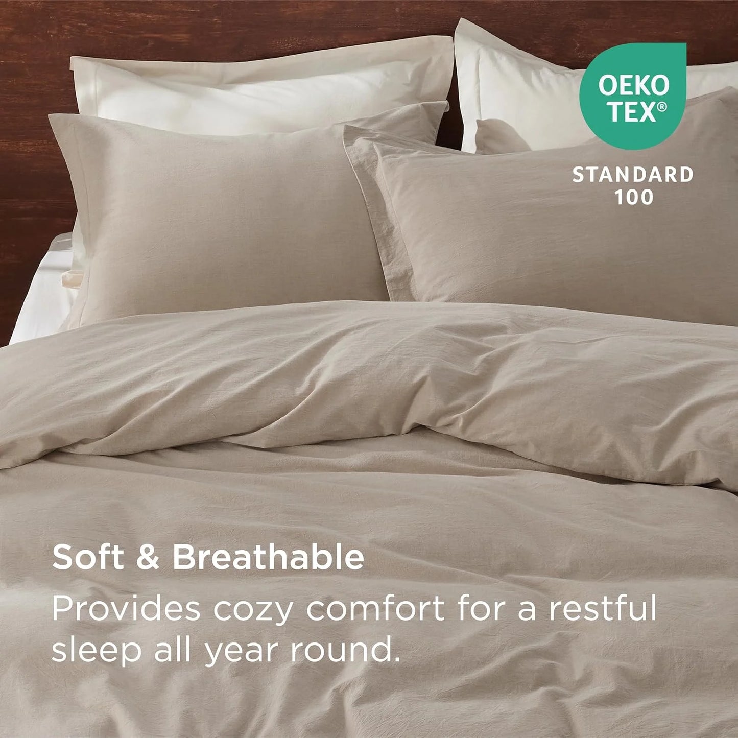 100% Washed Cotton Duvet Cover Queen Size - Warm Sand Minimalist Duvet Cover Linen Like for All Seasons - GentleSoft Plain Simple Bedding