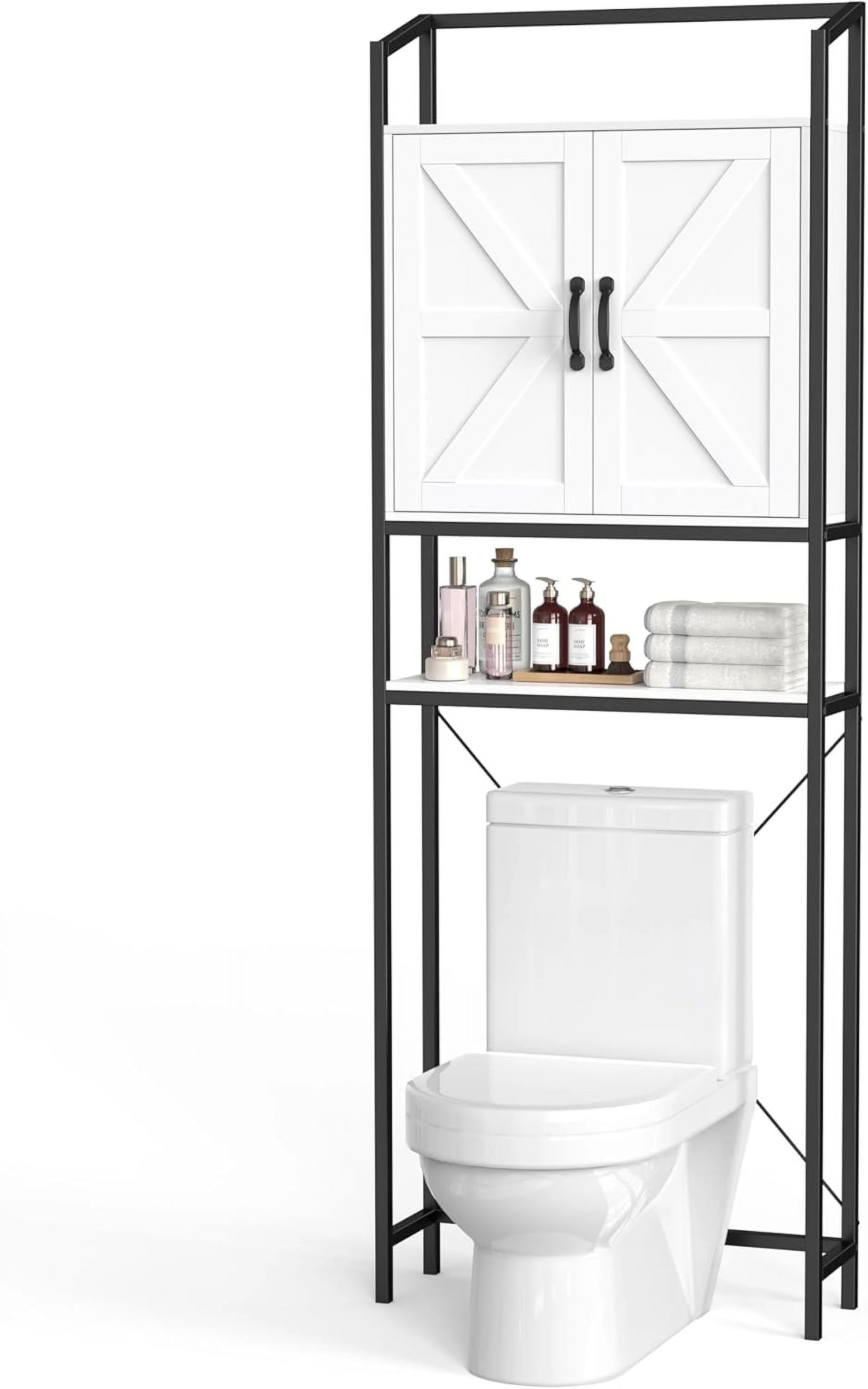 HAUXITIO Over The Toilet Storage Cabinet, Bathroom Space Saving Toilet Shelf with 2 Doors and 3 Adjustable Shelf, White