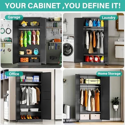 Metal Wardrobe Cabinet with Hanging Rod,Black Armoire Wardrobe Closet,Metal Clothing Storage Cabinet with Adjustable Shelves and Doors,72" Cloth Storage Cabinets for Home,Living/Laundry Room