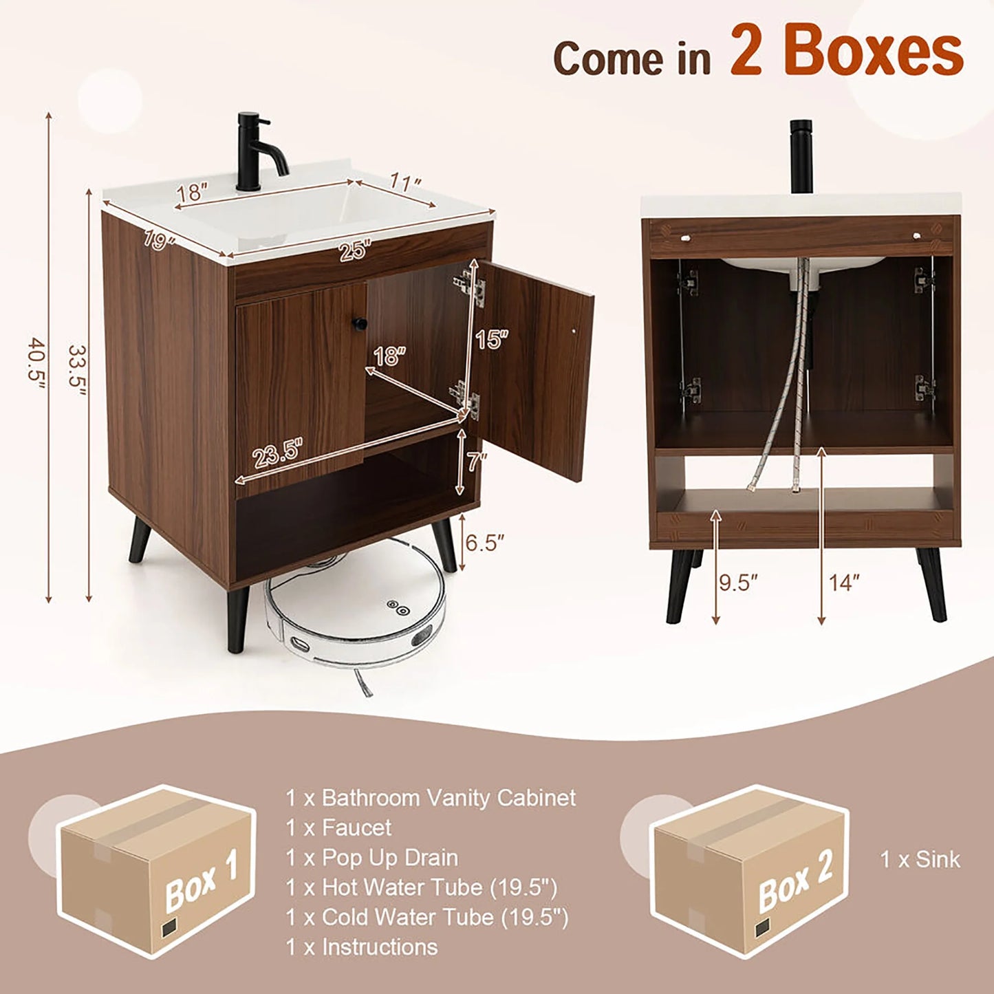 Gymax 25 Inch Wooden Bathroom Vanity Sink Combo with Open Shelf & Sink & Pop Up Drain