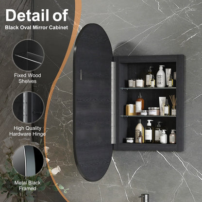 Hironpal Recessed or Wall Mounted 3 Color LED Oval Medicine Cabinet with 17x32 Inch Mirror for Bathroom,Black