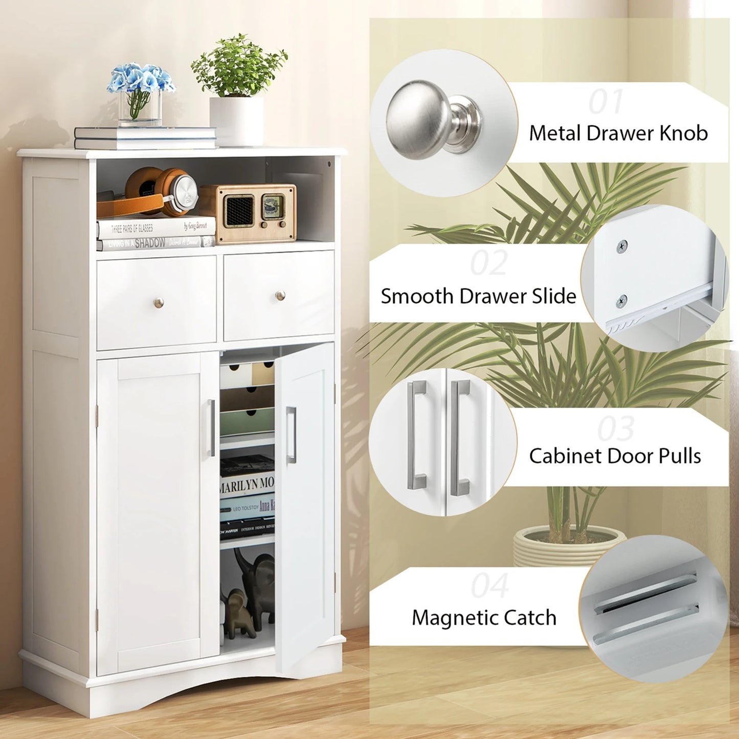 Costway Bathroom Floor Cabinet Freestanding Storage Cabinet with 2 Doors White