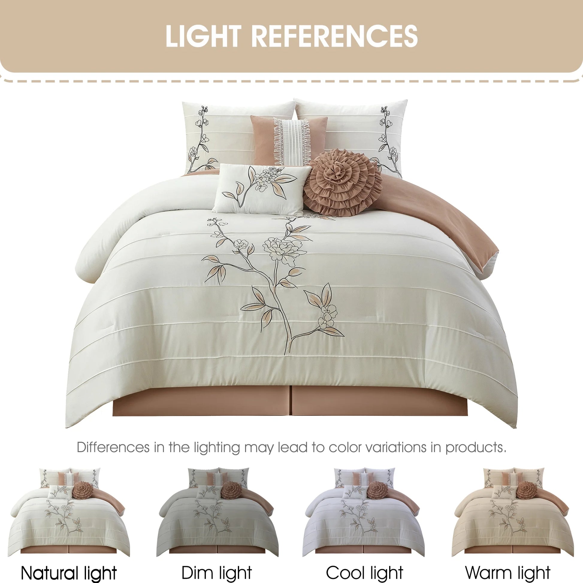 Lanco Blush Floral Queen Comforter Set, 7 Piece, Microfiber Pleating & Embroidery Bedding Sets & Collections