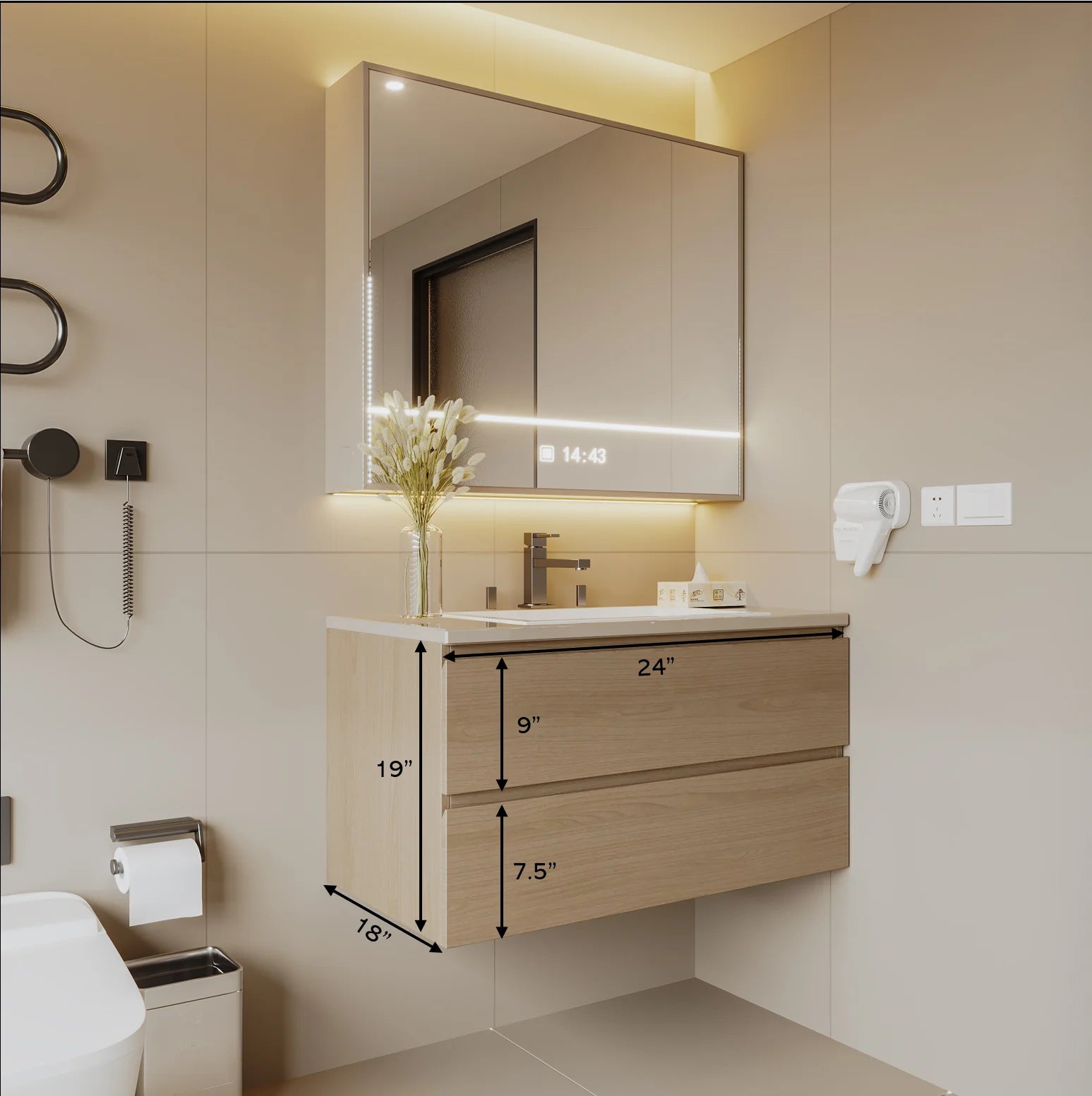 24" Width Wall-Mount Bathroom Vanity Modern Floating Vanity with Soft-Close Drawers, Laminate Doors, Plywood Construction, Cosmo Sand