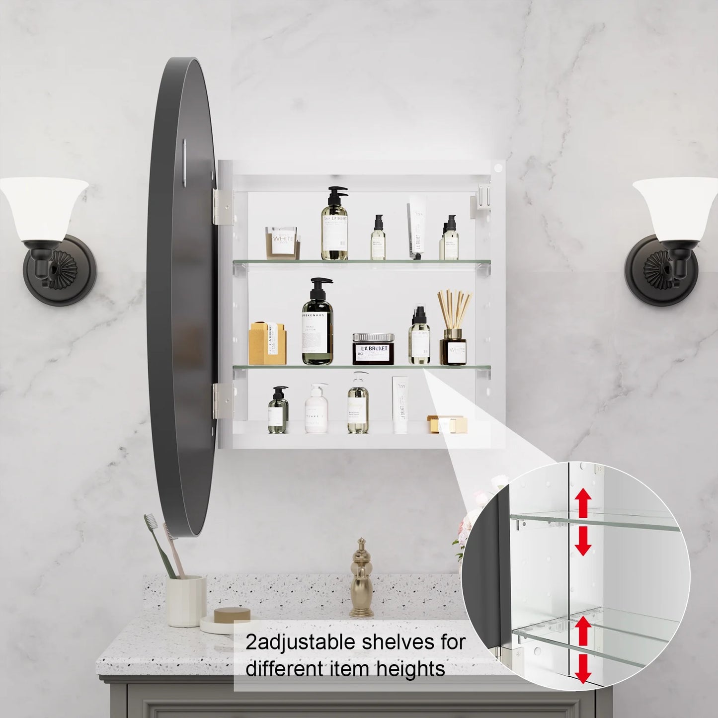WallBeyond Bathroom Medicine Cabinet with Round Mirror Aluminum Framed 28", Gold