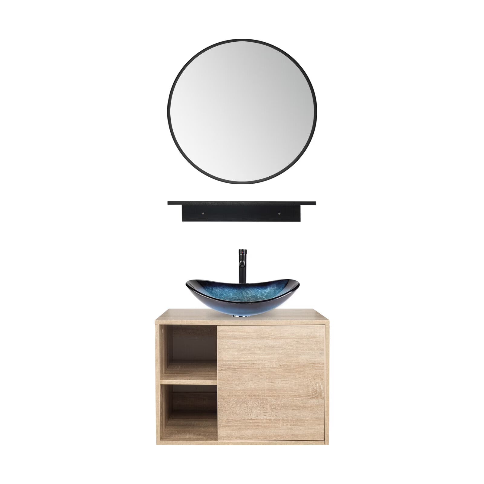PULUOMIS Wall Mounted Bathroom Vanity Set with Mirror Storage Shelf, PVC Sheet Natural Cabinet with Black Side Panels (Cabinet + Sink)