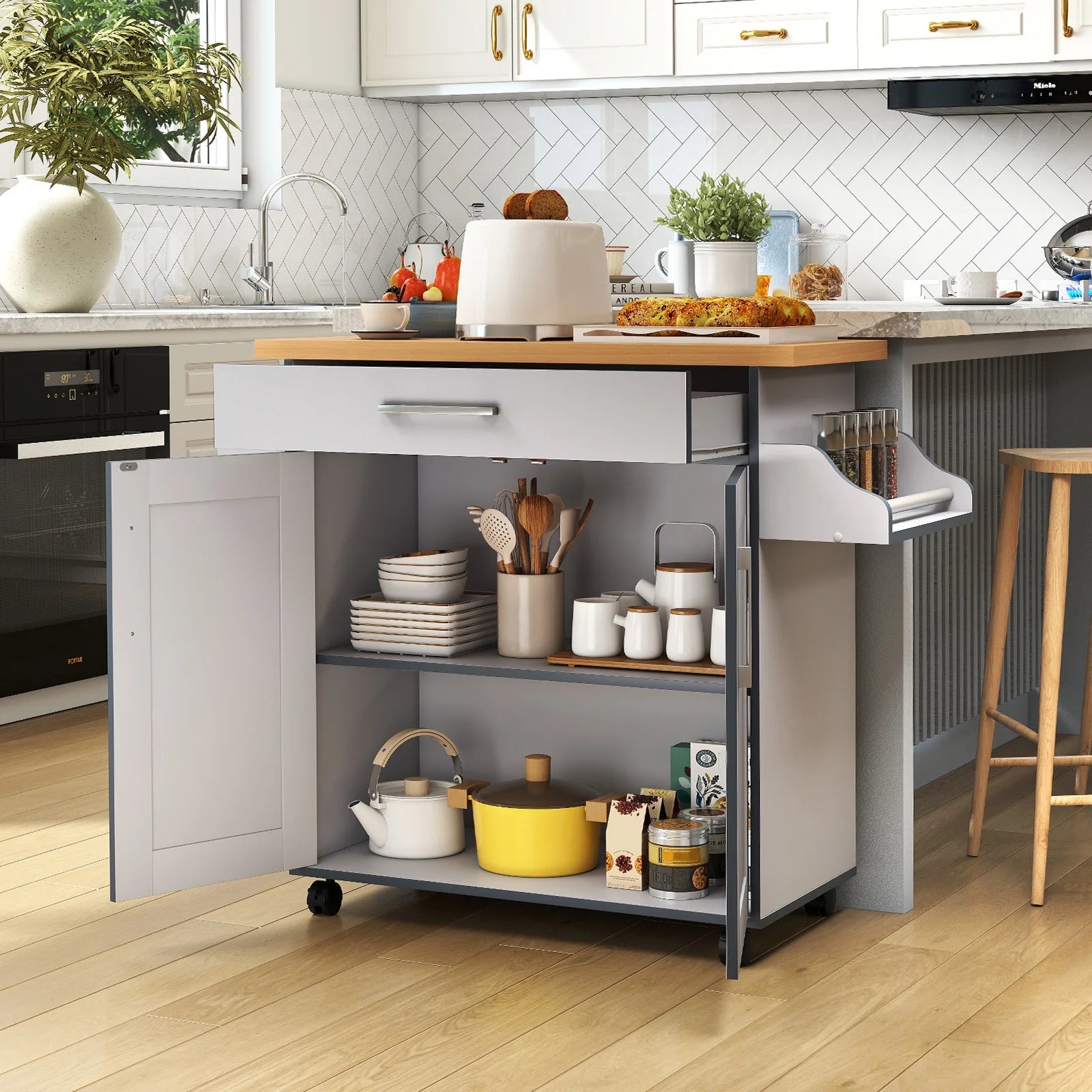 Giantex Kitchen Island Cart with Storage Cabinet on Wheels, Spice Rack Towel Rack & Drawer, Gray