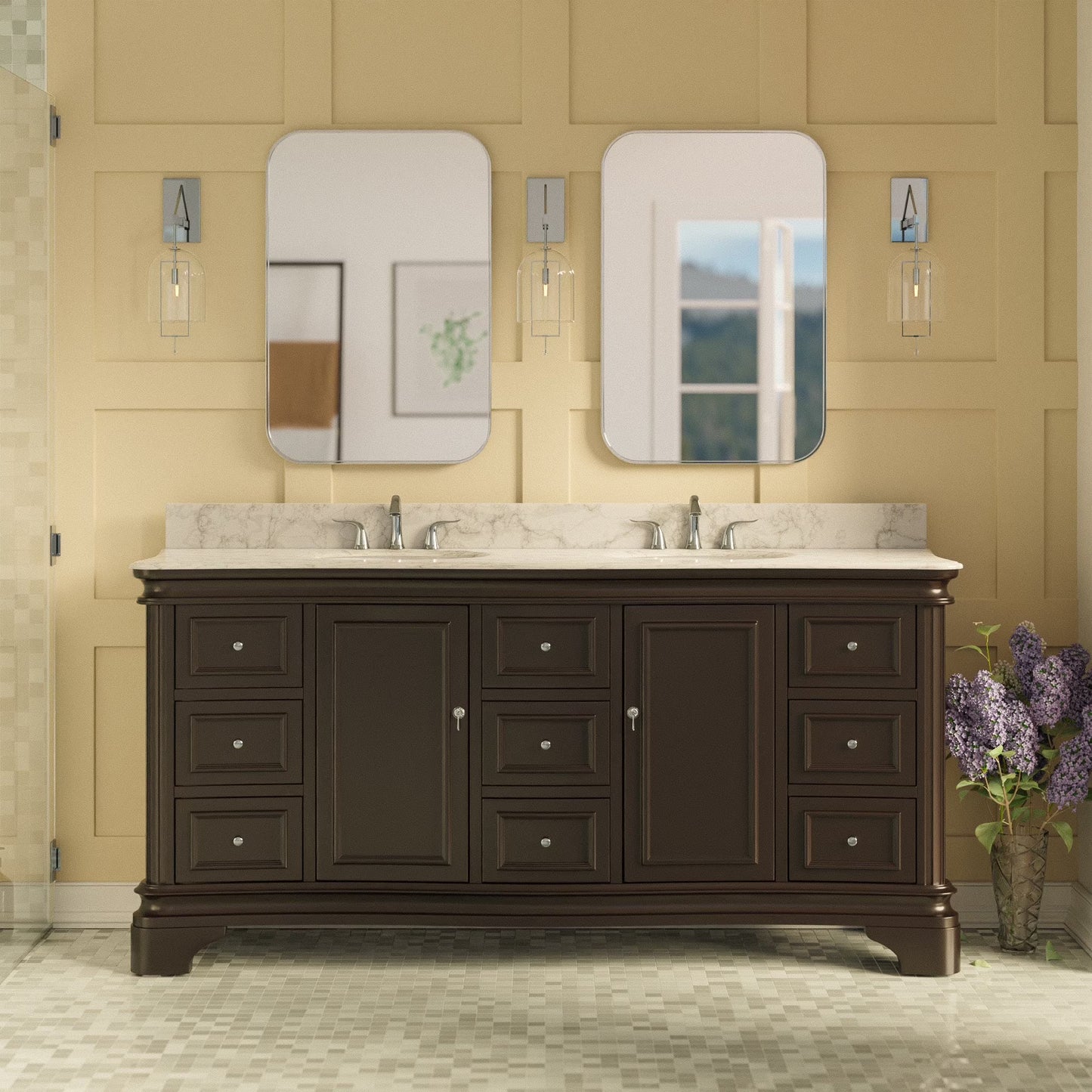 Katherine 72" Double Bathroom Vanity with White Cabinet and Carrara Marble Top