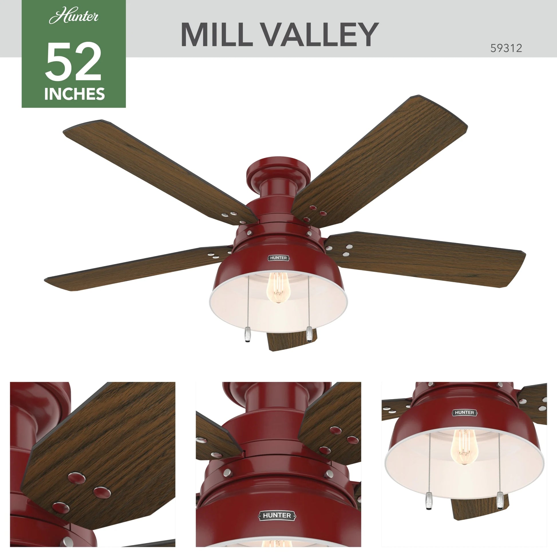 Hunter - Mill Valley Indoor/Outdoor Low Profile Ceiling Fan With Light, 52-inch, Barn Red, Rustic-style, 3-speed WhisperWind Motor, 59312, for Porches, Bathrooms