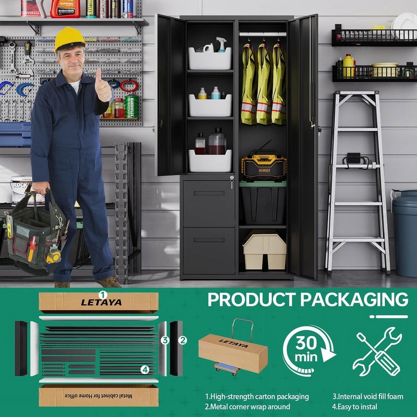 Fesbos Metal Storage Cabinets with Drawers, Staff Locker with Lock Door and Shelves-Wardrobe Clothing/File/Tool Storage for Office, Home, Employee,Gym,Fire Department,Garage