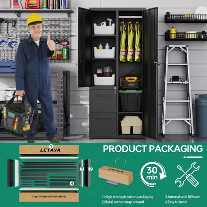 Fesbos Metal Storage Cabinets with Drawers, Staff Locker with Lock Door and Shelves-Wardrobe Clothing/File/Tool Storage for Office, Home, Employee,Gym,Fire Department,Garage