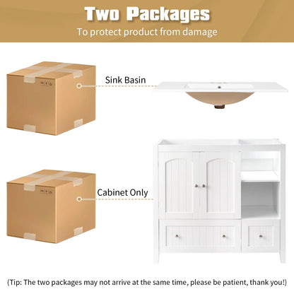 Ktaxon Modern 36'' Bathroom Vanity Set with Sink Ceramic Top, Freestanding Cabinet Storage Space Saver, White (Split Two Packages for Delivery)
