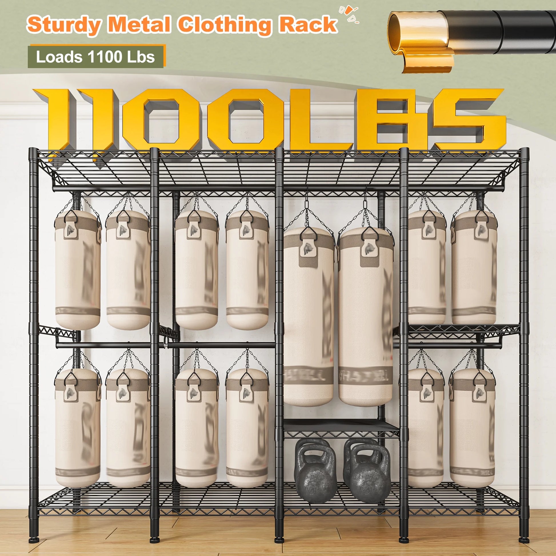 EnHomee 76"W Clothes Rack with Cover,1100LBS Heavy Duty Wardrobe Closet Organizer,Adjustable Portable ClosetBlack