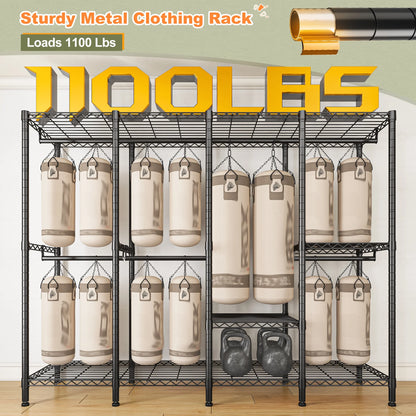 EnHomee 76"W Clothes Rack with Cover,1100LBS Heavy Duty Wardrobe Closet Organizer,Adjustable Portable ClosetBlack