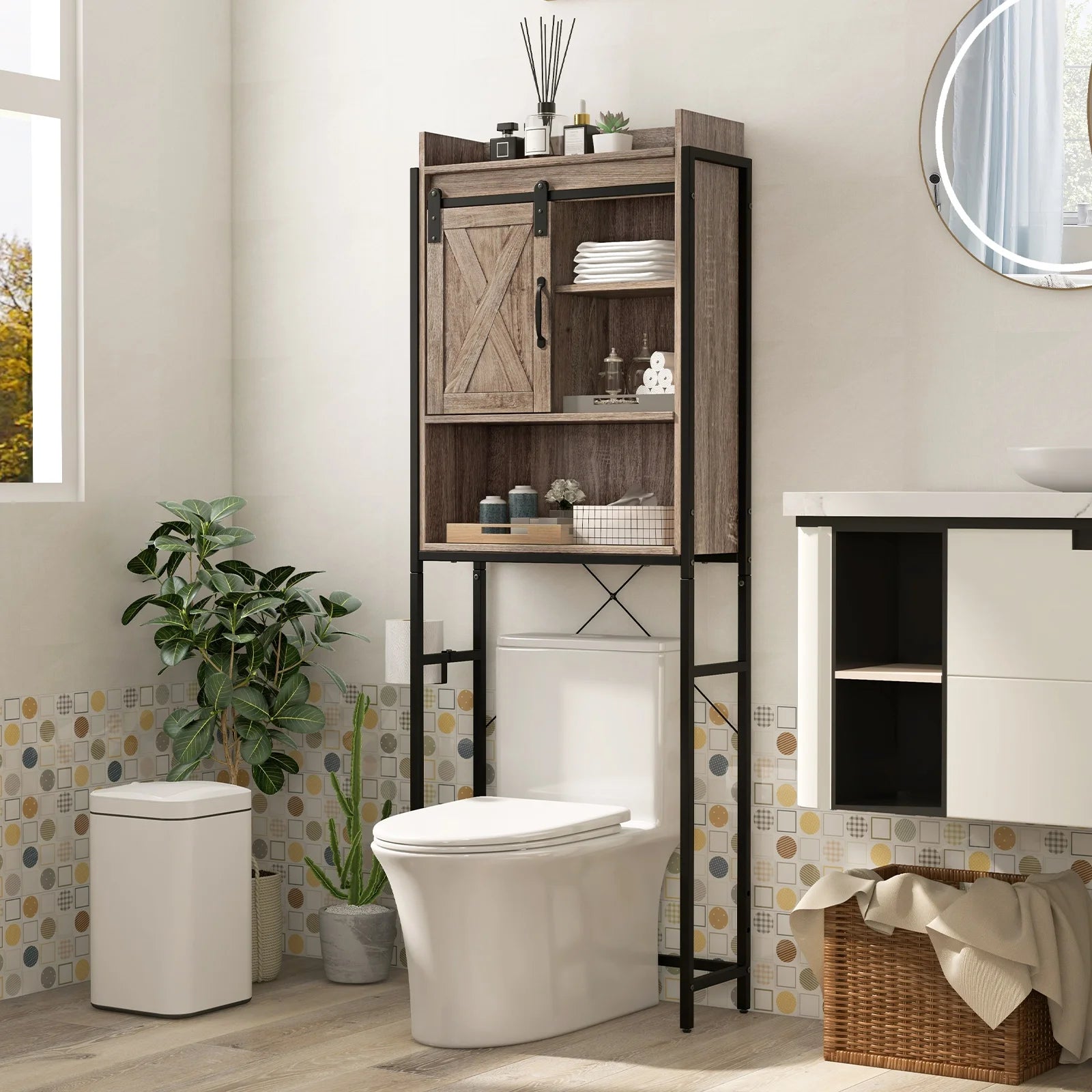 Topbuy Over The Toilet Storage Cabinet 4-Tier Bathroom Organizer w/Adjustable Shelves Sliding Barn Door & Toilet Paper Holder Rustic Brown