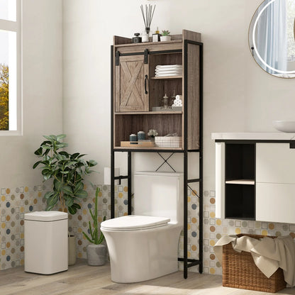 Topbuy Over The Toilet Storage Cabinet 4-Tier Bathroom Organizer w/Adjustable Shelves Sliding Barn Door & Toilet Paper Holder Rustic Brown